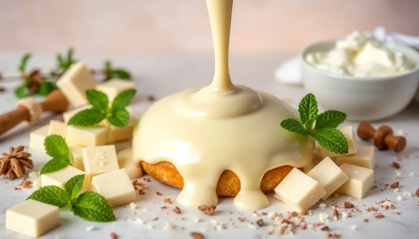Ganache chocolat blanc crémeuse prête à être utilisée pour décorer des desserts