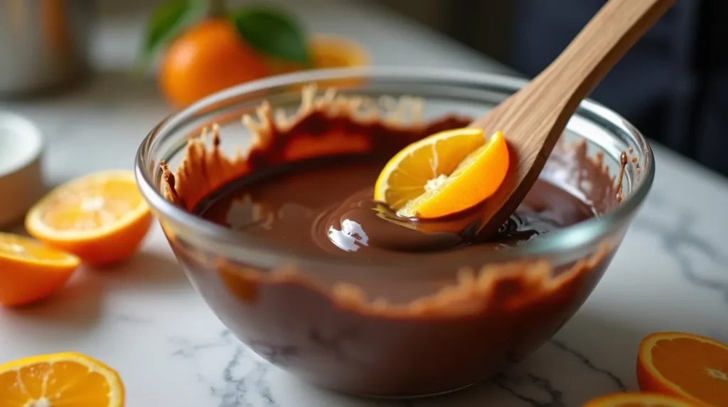 Trempage des orangettes dans le chocolat fondu